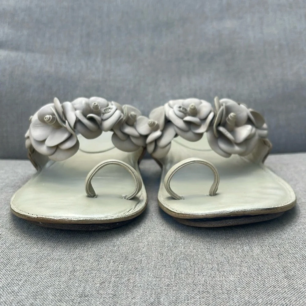 CHANEL Leather Camellia Sandals with Silver CC accents